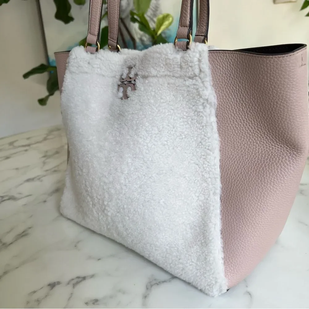Tory Burch McGraw Shearling Fleece Fur & Leather Tote Bag Sand Beige Pink Ivory